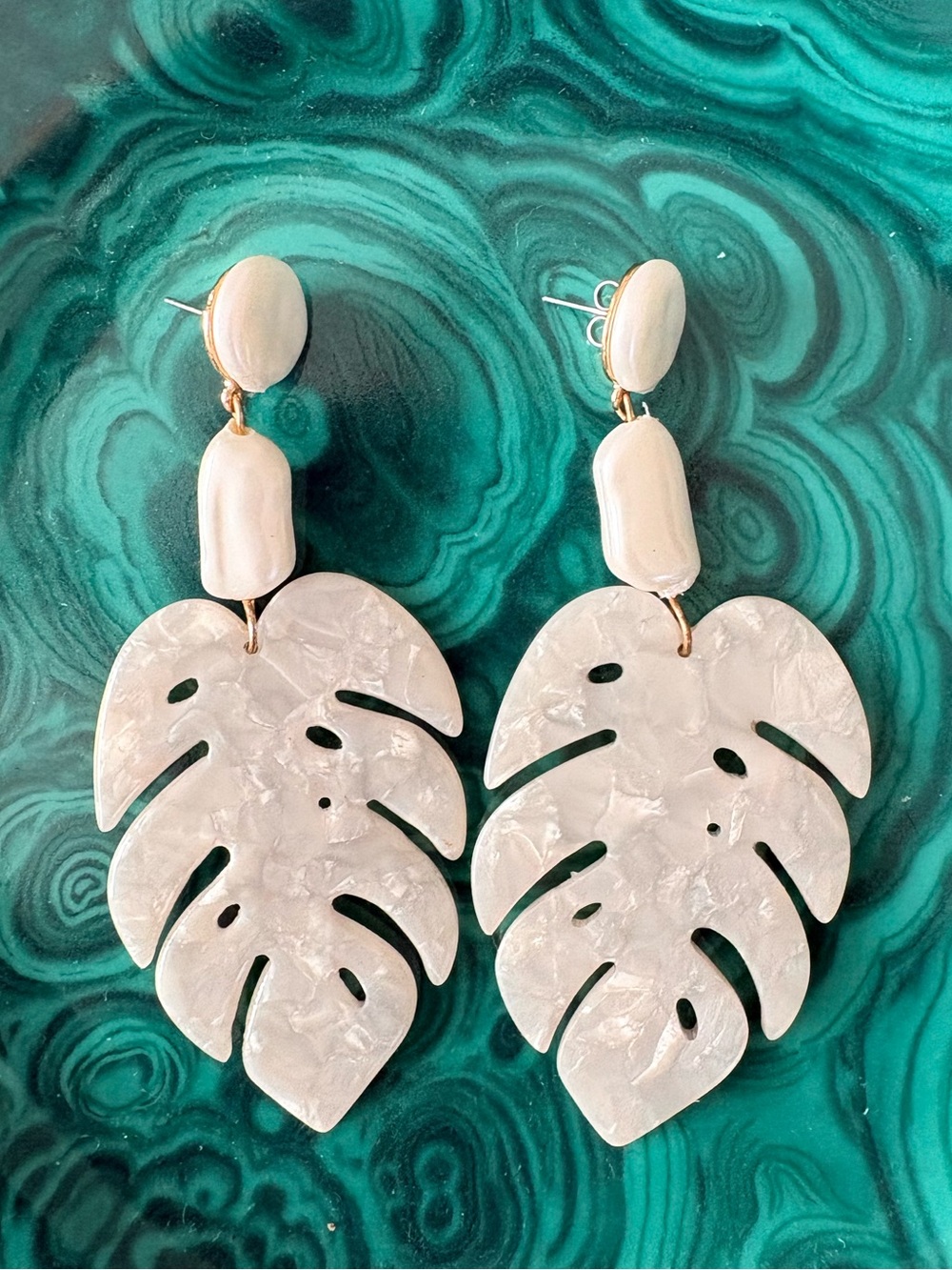 White Pearlescent Monstera Palm Leaf Earrings